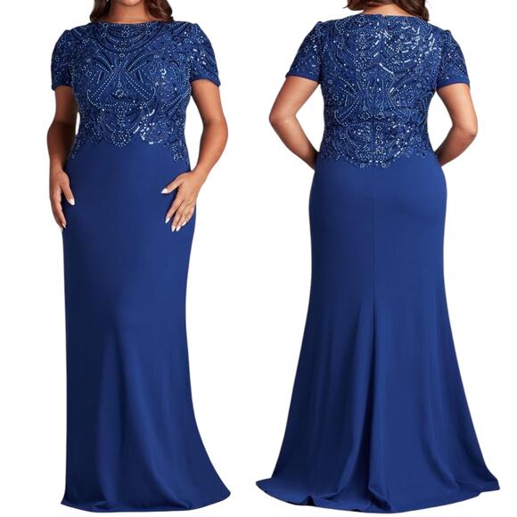 Tadashi Shoji Too Edry Embellished Crepe Gown Blue Size 16Q - Picture 1 of 12